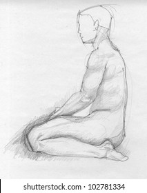 Human sitting figure of a naked man from profile, crayon sketch