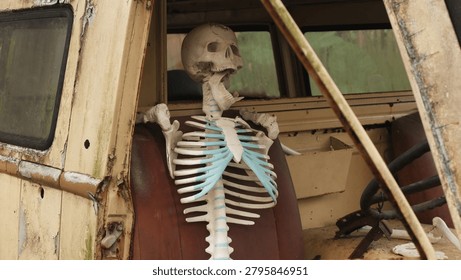 Human skeleton prop positioned inside an old abandoned vehicle, creating a dramatic scene representing time, decay, and forgotten transportation history.