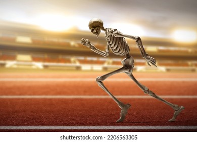 Human skeleton running on stadium