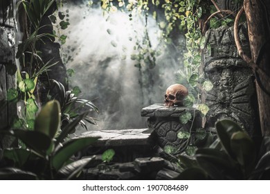 Human Skull And Ancient Ruins In The Jungle, Exploration And Adventure Concept