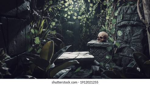 Human Skull And Ancient Ruins In The Jungle, Exploration And Adventure Concept