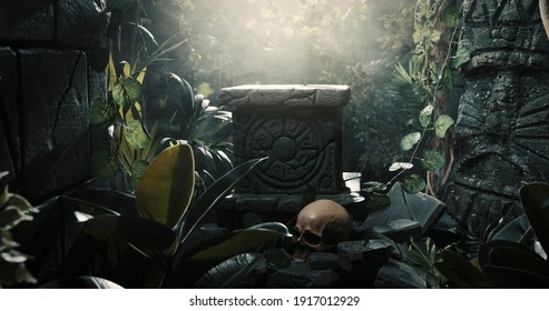 Human skull and ancient ruins in the jungle, exploration and adventure concept