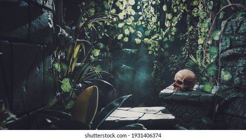 Human Skull And Ancient Ruins In The Jungle, Exploration And Adventure Concept