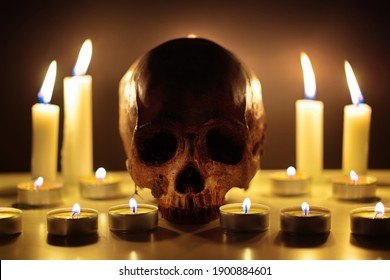 Human Skull In Candle Light Closeup