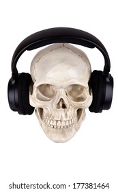 Human skull with earphones isolated on white background 