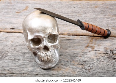 Human Skull with Fighting Knife. Deaths Head Symbol with Knife. Skullduggery. deaths head. zombie.  