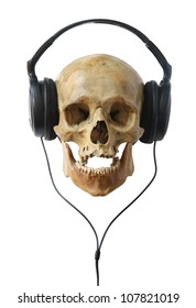 Human skull in headphones isolated on a white background.