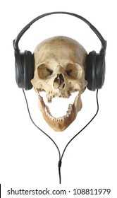 Human skull in headphones isolated on a white background.