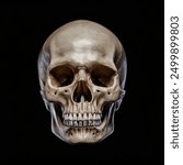 Human skull isolated, Front view of natural human skull on isolated black background