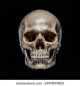 Human skull isolated, Front view of natural human skull on isolated black background