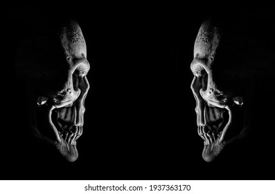 Human skull . light and shadow. empty copy space for inscription. side view. isolated on black background - Shutterstock ID 1937363170