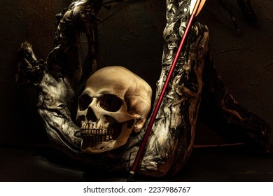 Human skull and old wooden branch. Skull and arrow. Still life in a low key with a skull. Composition with a skull and an arrow. - Shutterstock ID 2237986767
