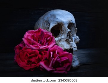 human skull with roses on black rustic background - Powered by Shutterstock