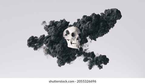 Human Skull Side View With Black Ink Smoke Cloud Pirate Poison Horror Symbol Halloween Medical. Abstract Anatomy And Medicine Concept Image.