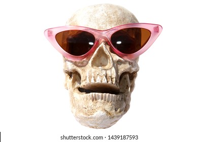 Human Skull. Human Skull with sunglasses. Halloween Skull with sun shades. Isolated on white. Room for text. Clipping path. 