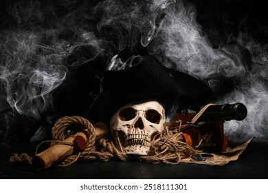 Human skull with toy model of cannon, pirate hat, world map and scroll on black background