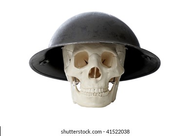 A Human Skull Wearing A British WW2 Helmet