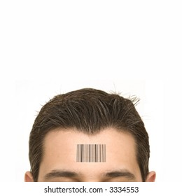 Human Standards - bar code on a man's forehead