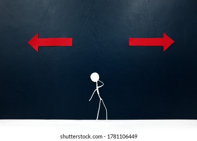 Human stick figure choosing between red left ot right arrows cutout. Dilemma and decision making concept. - Powered by Shutterstock