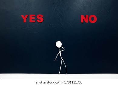 Human Stick Figure Choosing Between Red Yes Or No Word Cutout. Dilemma And Decision Making Concept.