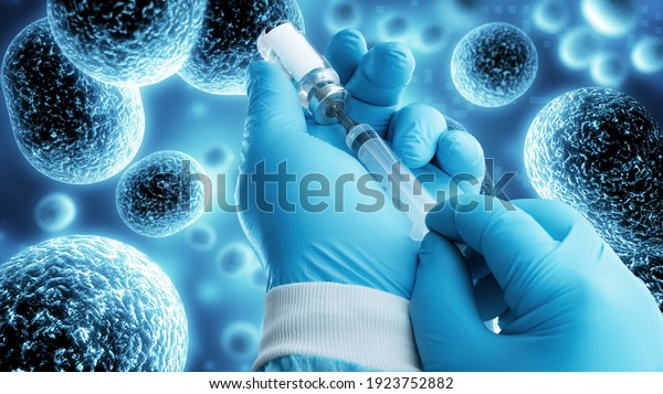 Human system cells molecular structure\
illustration and doctor hold\
vaccine