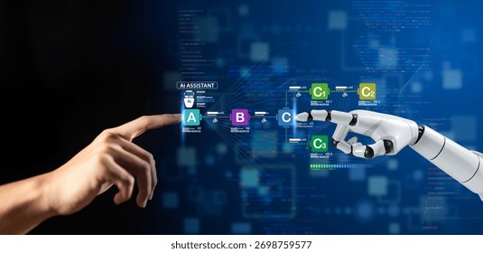Human teamwork with robot partner represents ai collaboration for business automation, combining artificial intelligence with code agent to achieve innovation and success.