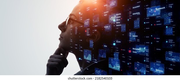 Human and technology concept. Digital transformation. AI (Artificial Intelligence). Wide image for banners, advertisements. - Shutterstock ID 2182540103