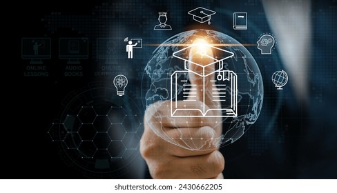 Human with technology internet learning and study online class webinar technology, e-learning, online education, education, training, tutor, video lesson, course, knowledge in homeschool