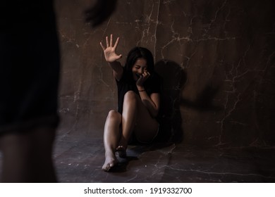 Human Trafficking And Violence Concept Bad Guy Rape Asian Woman And Going To Hit Her Young Girl Get Scared And Begging Him Stop Attack Her Girl Is Always Victim Of Violence She Is Crying And Scream