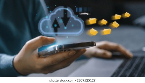 Human use phone with cloud technology transfer, Data storage, network, Internet, server services, online, system for sharing download and upload big data information, backup service concept