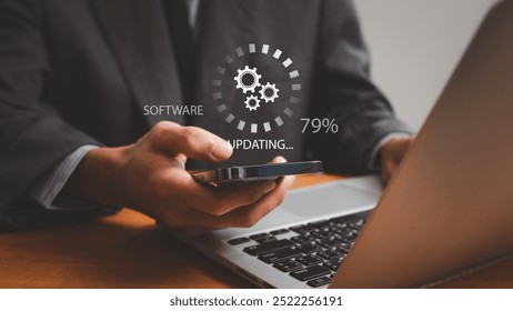 Human use phone update software application technology transfer, Data storage, network, hardware upgrade, online, system for sharing download and upload big data information, Installing app, update - Powered by Shutterstock - Get 15% off with code: PIKWIZARD15