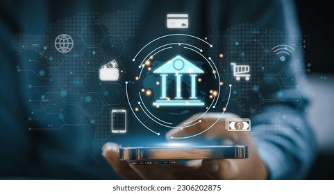 Human use smartphone with online banking digital technology, mobile banking, shopping, payment, finance, bank, withdraw money, account, transfer, credit card, financial and global business online - Shutterstock ID 2306202875