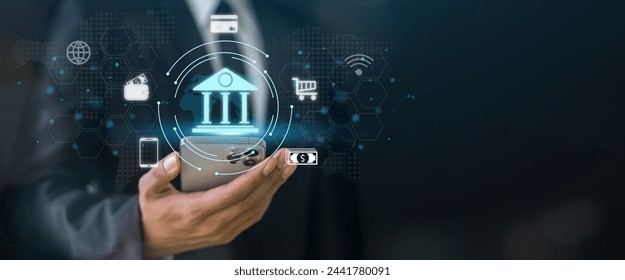 Human use smartphone with online banking digital technology, mobile banking, shopping, payment, finance, bank, withdraw money, account, transfer, credit card, financial, global business online