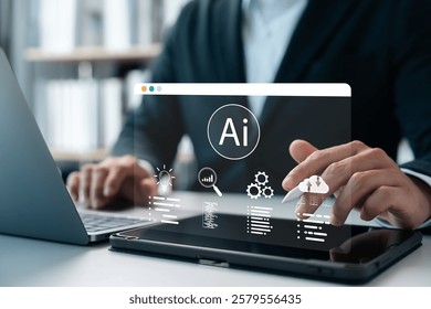Human Using AI Artificial Intelligence in Work to Help Maximize Efficiency for Business, Applying AI in Human Daily Life to Help Analyze Data and Prioritize Life, Future Technology.