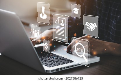 Human using a computer laptop for searching for job and fill out personal data on job website to file a resume and apply application to jobs on the internet. work search online concept. - Shutterstock ID 2027586725
