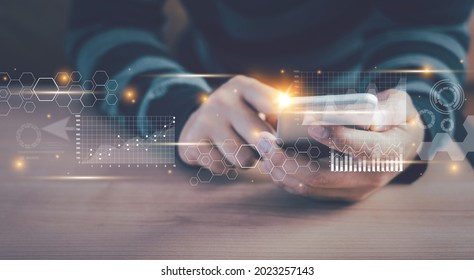 Human using mobile phone technology for digital marketing of statistics level up of graph. business management  goal strategy and action plan. Global customer network connection  on virtual interface. - Shutterstock ID 2023257143