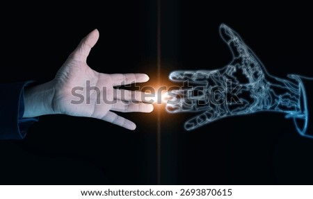 Human and virtual hand connection, representing digital twins, artificial intelligence collaboration, smart future, and innovation through digital communication and virtual reality.