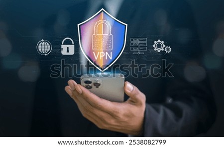Human with vpn interface and security icons, online privacy, encrypted connection, virtual private network, cyber security, internet safety, data protection, anonymous browsing, secure communication