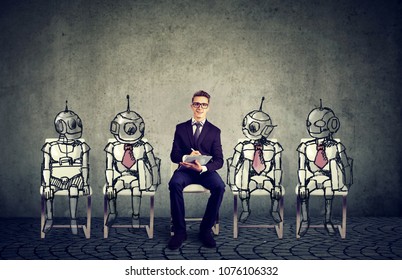 Human Vs Robots Concept. Business Job Applicant Competing With Artificial Intelligence 