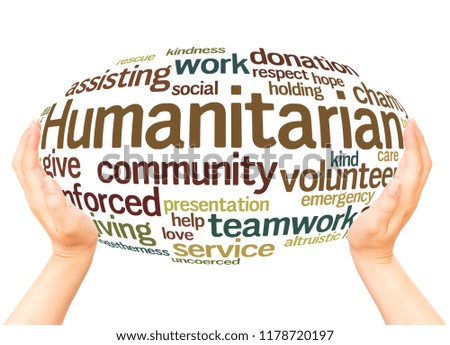 Humanitarian word cloud hand sphere concept on white background. 