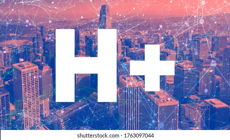 Humanity Plus theme with abstract network patterns and downtown San Francisco skyscrapers