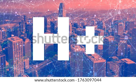 Humanity Plus theme with abstract network patterns and downtown San Francisco skyscrapers