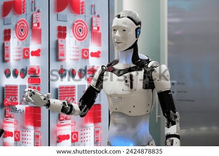 Humanlike robot with high-tech design standing against digital backdrop, symbolizing advanced AI and robotics.