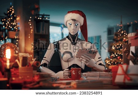 Humanoid AI robot Santa Claus reading letters at home and preparing for Christmas ストックフォト © 