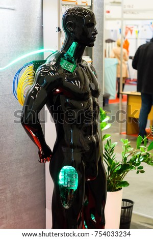 Humanoid cyborg. Black android. Artificial Intelligence in anthropomorphic robot. 