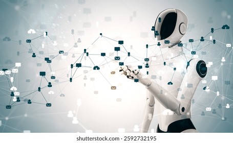 Humanoid robot interacting with a digital social network, futuristic technology concept, on a light abstract background. 3D Rendering
