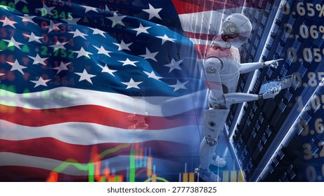 A humanoid robot interacts with a server data center, overlaid with the U.S. flag and financial figures. It illustrates the integration of artificial intelligence into national infrastructure and finance. This imagery highlights technological innovation and economic evolution while signaling potential risks to job security and the urgent need for ethical AI governance.