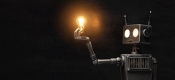 Robot Humanoïaque Avec Une Patte Dans La Main Sur Fond Noir. Le Concept De L'avenir De L'intelligence Artificielle Et La 4ème Révolution Industrielle.