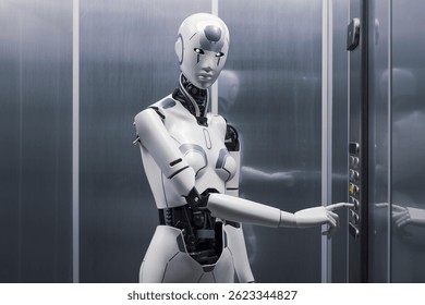 Humanoid robot standing inside the elevator and pressing a button, AI and robotics concept