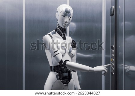 Humanoid robot standing inside the elevator and pressing a button, AI and robotics concept